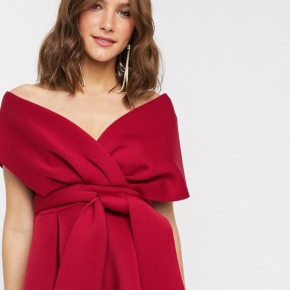 ASOS DESIGN fallen shoulder midi prom dress with tie detail